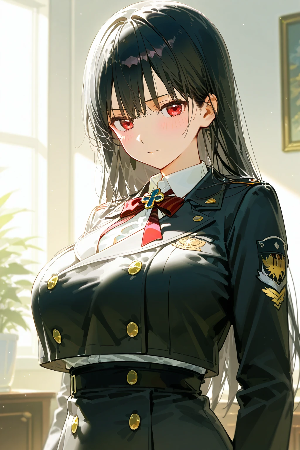 masterpiece, best quality, 1lady,black hair,long hair,glowing eyes, (finely detailed empty pupils and detailed face),,,,extremely detailed picture unity 8k wallpaper,solo,(latex military costume:0.9),large breasts,seductive smile,military hat,latex thighhigh,large breasts,black hair,pink eyes,black leotard,pantyhose,military coat,enamel suits,grossy lips,sitting,bust shot,sadistic smile,,heel