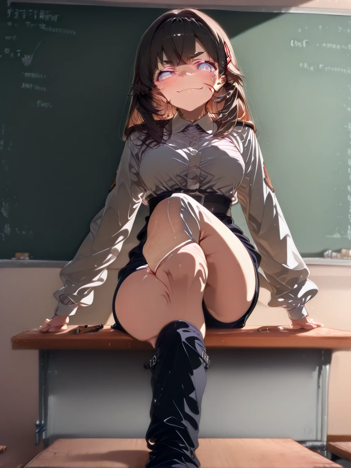 (table top, highest quality, High resolution, , perfect pixel, 4k,), 1 girl, single, alone, Beautiful woman、I could see the whole body、 ((Wavy mid-hair, bangs, brown hair)), ((brown eyes, beautiful eyelashes, realistic eyes)), ((detailed face, blush:1.2)), ((smooth texture:0.75, realistic texture:0.65, realistic:1.1, Anime CG style)), soft, dynamic angle, perfect body, ((, female teacher, , earrings、necklace、turtleneck sweater、beige flared skirt、black knee high stockings、open both legs wide、、shy smile、sit with your knees spread out on the floor、)), Upper grade、、、evening、Lace panties are visible、(、(close your chest with both hands)、angle from below)、
