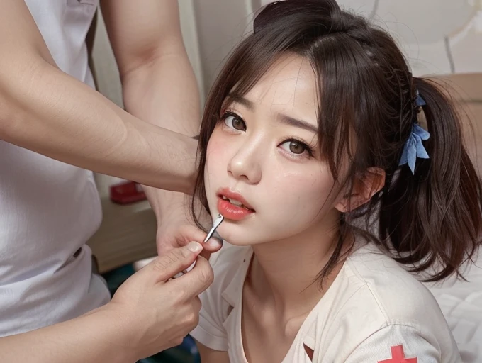 High resolution、masterpiece、(Older women)、(Brown Hair)、Twin tails、30th Generation、Eyes closed、(Japan national volleyball uniform)、(She is giving a blowjob to an erect penis)、((Erect penis squirts a lot of sperm all over my face))、Big Breasts、Sweat、