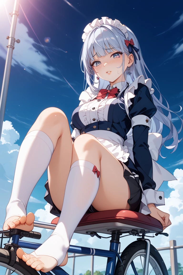 1girl ahoge ass bangs blue_eyes blue_sky bow bowtie censored clitoris closed_mouth cloud day (from_below:1.4)  jacket long_hair long_sleeves looking_at_viewer looking_down no_panties pleated_skirt pussy red_bow red_bowtie red_ribbon ribbon school_uniform skirt sky solo ((spread_pussy)) thighhighs uniform white_hair white_thighhighs