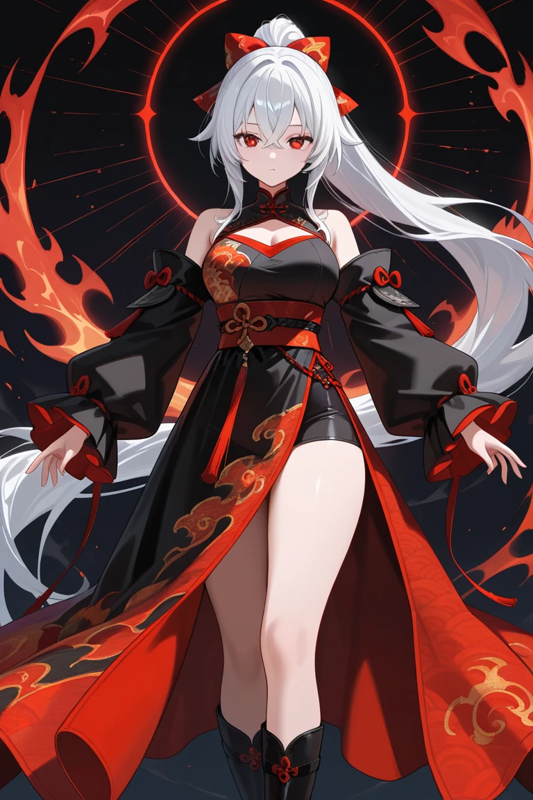 Exquisite eyes),(Clear and beautiful eyes:1.61),masterpiece, 1 young girl,(Black clothes and some red gems), Black long hair, (She has a huge red gem on her chest), Good Hand,((The Havoc of StarCraft)),full-body shot,Fighting Stance,(Red Eyes:1.466),short and small,(Very big breasts:1.35),(Pretty Face),(full-body shot:1.33),Beautiful hands
