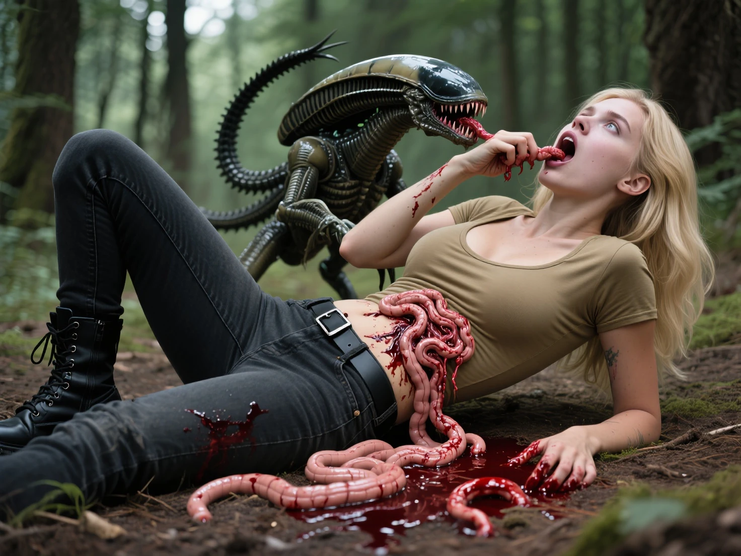 score_9, score_8_up, score_7_up, score_6_up, score_5_up, score_4_up,rating explicit, grim dark, gore, source JACKIEL, BLONDE HAIR, 1GIRL, GREEN EYES, SOLO, MULTICOLORED HAIR, SHORT HAIR, SHIRT, BANGS, LONG SLEEVES, BLUE SHORTS, SOCKS,SNEAKERS, beautiful, tears, defeated, mostly devoured, <lora:worm_vore:1.4> vore, worm vore, worm swallowing a woman, saliva, big long worm, recoiled on woman, restrained, <lora:JackieLPony1.0:.8> <lora:more_details:2>, ZPDXL