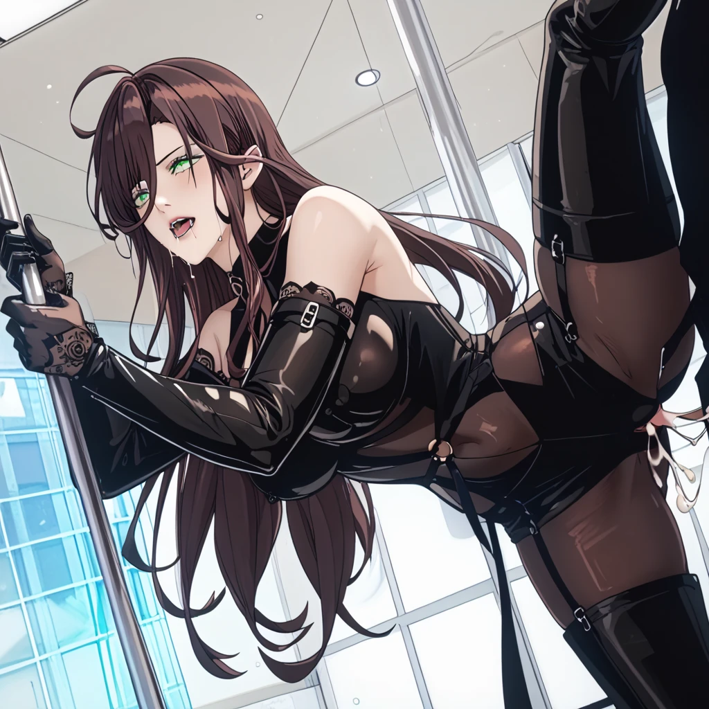 score_9, score_8_up, score_7_up, source_anime BREAK 1girl, solo, looking at viewer, cowboy shot, <lora:Yu_Mei-Ren_Psdxl:0.9>, Yu_Mei-Ren_Default, red eyes, brown hair, straight hair, very long hair, black dress, ribbon-trimmed dress, sleeveless dress, side-tie dress, hip vent, breast strap, no bra, side slit, black ribbon, black gloves, elbow gloves, black choker, multiple earrings, navel, collarbone, bare shoulders, indoors, theater, curtains, dimly lit, large breasts, hands on own hips, back shoulder blades, ass, from behind,