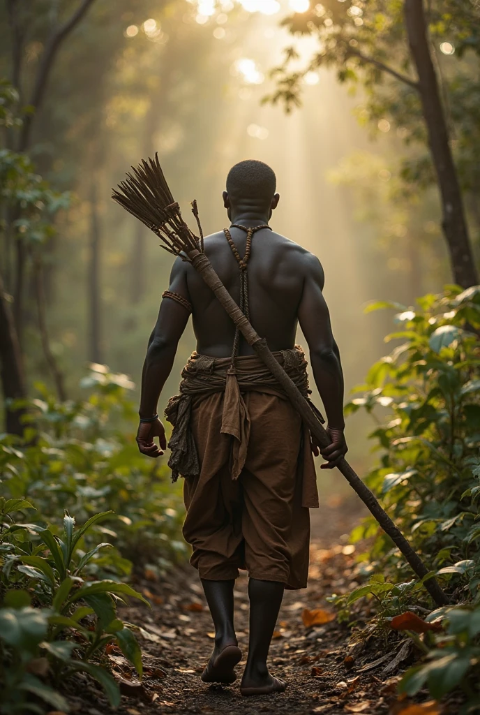 Orisha black man warrior short hair green clothes holding a leaf in his hand in the middle of the dense forest