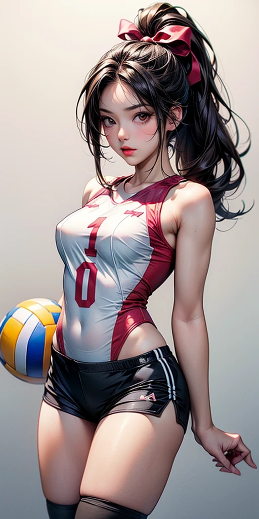 Best Quality, masutepiece, High resolution, (Photorealistic:1.4), Raw photo, 1 beautiful girl ,Dynamic Angle,female volleyball player ,small head,Large breasts,Narrow waist, nice legs,Glowing skin, Sweat,At the volleyball venue,(Detailed beautiful face:1.4),detailed skins,Detailed eyes,detailed hairs,Cute Girl,Pretty,