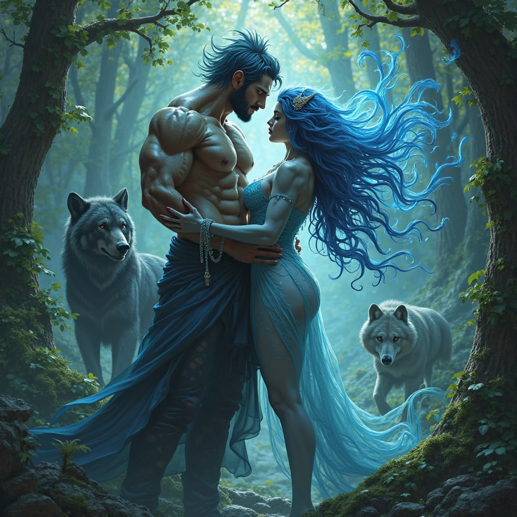 A young handsome blue skinned male couple water genasi with wet blue hair, light blue eyes, Polynesian tribal tattoos, and wielding a spear. High detail. Digital fantasy art.