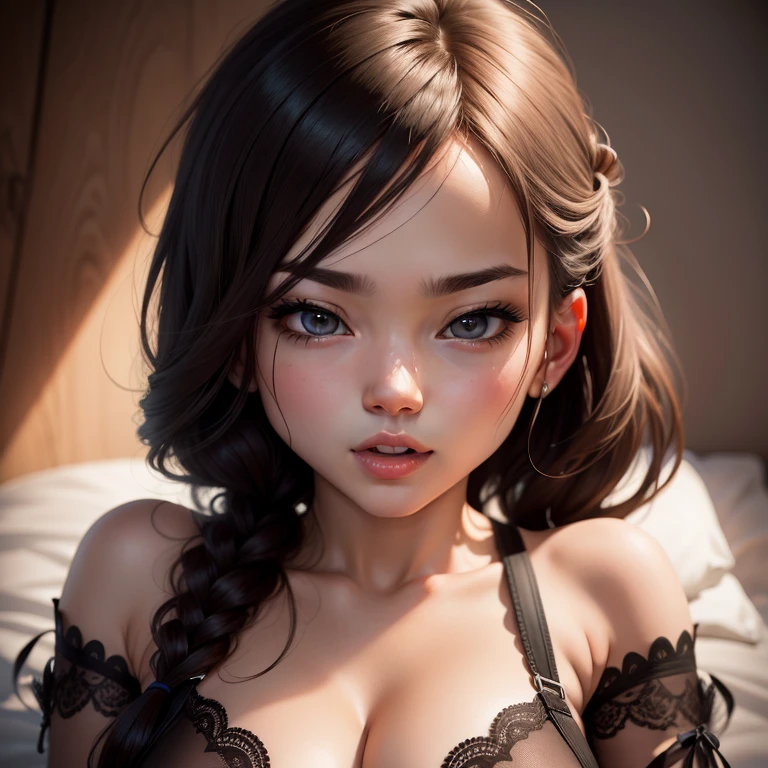 (masterpiece), (best quality), (ultra detailed), 1girl, black lingerie, (in the bed), blush, sexy pose, blush, (huge breasts), thick thighs, blue eyes, brown hair