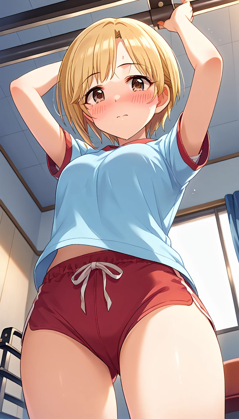 score_9, score_8_up, score_7_up, source_アニメ, rating_safe,super detailed , kotone-default,Fujita Kotone,brown eyes, blonde hair,twin Goodids,hair ornament,(white hairclip:0.8, (heart eyes),(heart in eyes),spoken heart,open mouth,Good,panties,dutch angle,small breast ,blush,beautiful face,beautiful eyes,details eyes,white background , handcuffed,handcuffs,steam,sweat