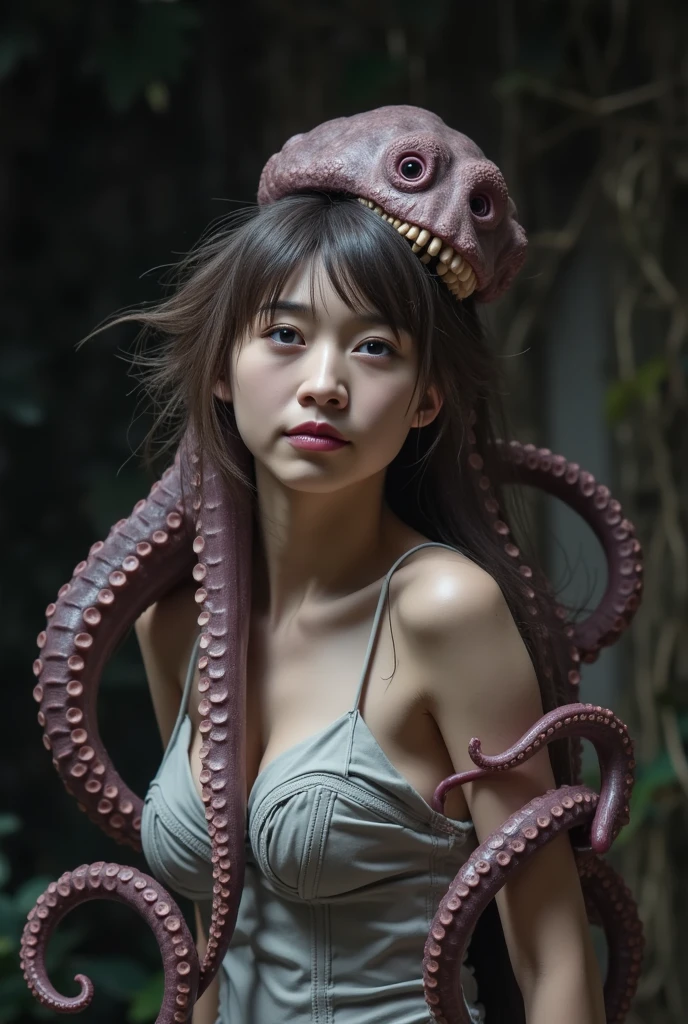 Allahed woman in bikini holding giant octopus, beautiful octopus woman, portrait of an octopus goddess, Covered with tentacles, tentacles around, octopus goddess, Some tentacles are touching her, Tentacle monster, tentacle beasts, cosplayer dressed like a crab, Tentacle, Fine details. Anime. tentacles, many tentacles, tentacles