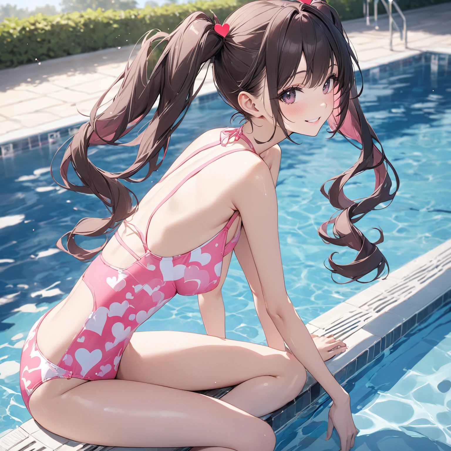 ((masterpiece)), ((best quality)), ((ultra detailed)), ((beautiful and aesthetic)), 1girl, pool, hu tao(genshin impact), symbol shaped pupils, breasts, swimsuit, solo, smile, one-piece swimsuit, poolside, long hair, looking at viewer, flower, brown hair, pool ladder, hair flower, ass, hair ornament, red eyes, sitting, wet, water, grin, thighs, flower-shaped pupils, medium breasts, bare arms, bangs, from side, twintails, tassel, bare shoulders, highleg, highleg swimsuit, competition swimsuit, very long hair, hair between eyes, sidelocks, back cutout ,<lora:hutao_v2:1>