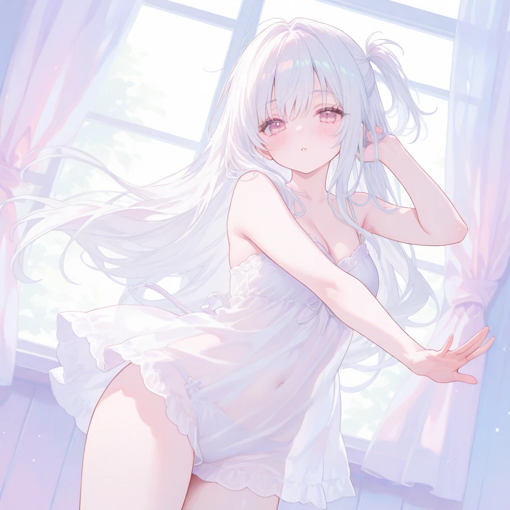 White-haired girl、uniform、Cute Bra、Cute panties in full view、Bare belly、Bare legs and crotch、Pink underwear、blush、 looking at the camera, Bare shoulders,