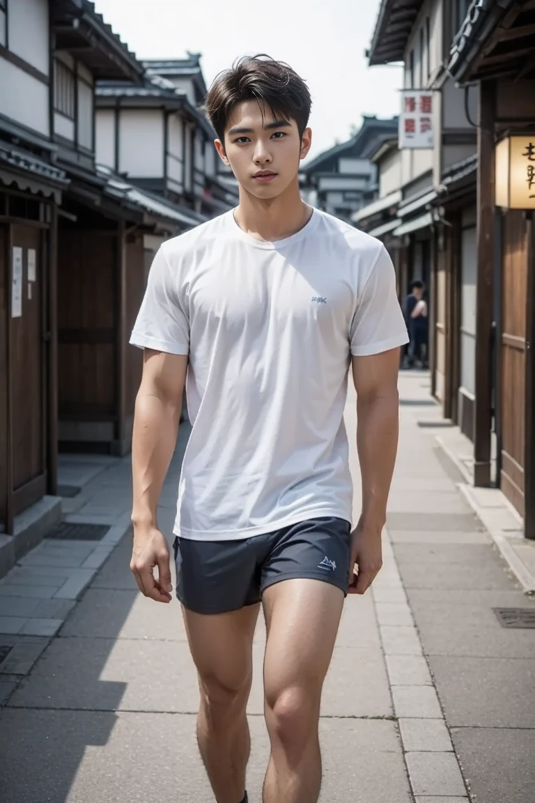 1 boy, 18 years old Japanese boy, ninjartist, Short-haired black hair, Delicate boys(hoang lap、A high resolution、Hyper-detailing)press photos, capturing moments, complex pattern, Pale skin, Gentle face, Perfect face, Soft brown eyes, Very very handsome, musculous, Excellent body proportions, Correct ???????, ???????, white thong, Stand in the alley, looking at viewert, Bright background, rays of sunshine, full body, full length shoot, Stay away from the lens, exquisite detailing, hentail realism & Professional photography, Sharp focus, Masterpiece, Best quality, 8K  UHD, Single person,