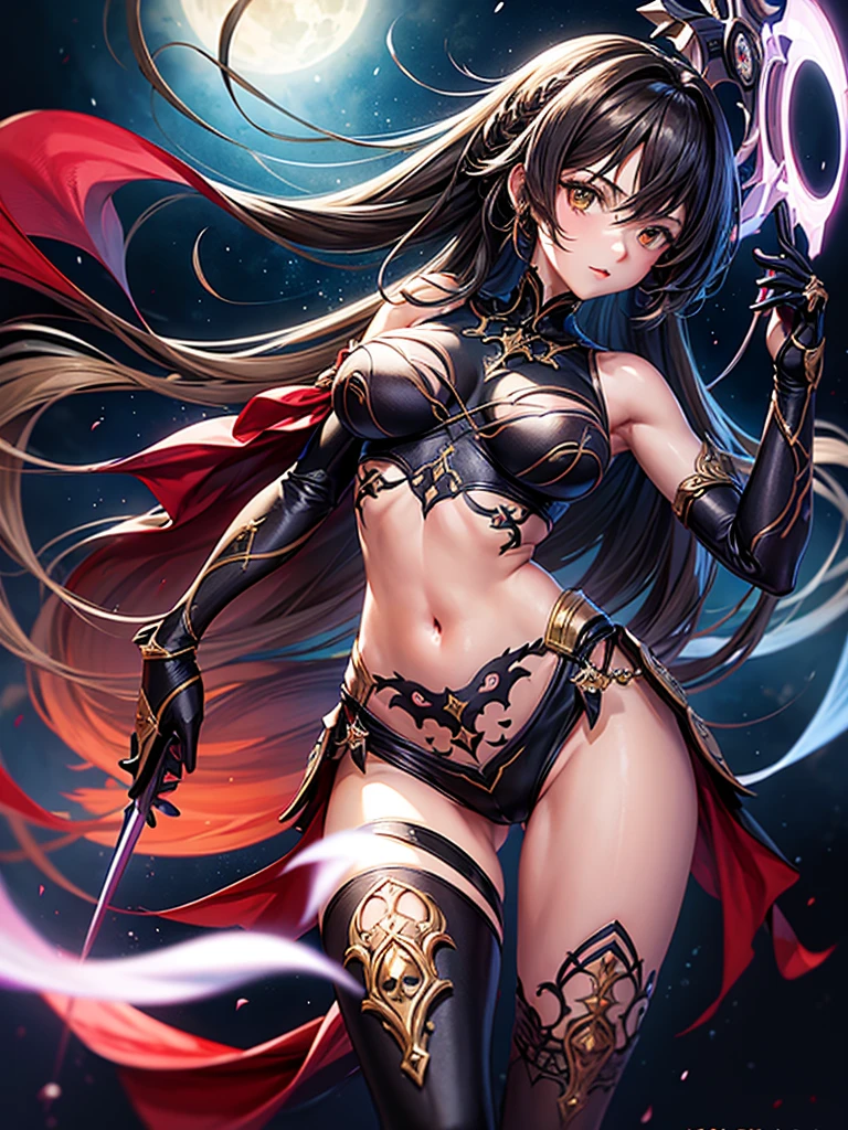Highest quality、Highest quality、Masterpiece、girl((Age 25、as soon as、Highest Bust、Medium Bust、Wide open chest、Red glowing eyes、Black Ear、Red Mesh、Disheveled Hair、Loincloth、thin、The best valley) 、Open chest、Luminous Wristbands、hair ornaments、Full body view、Black Ninja、revolver、scar、Full body scar、Fighting Pose))、high quality、Beautiful Art、background((night、Ninja World))、flight、Flying Debris、Depth of text、movie、Visual Arts、Perfect Art、8K、Genuine、