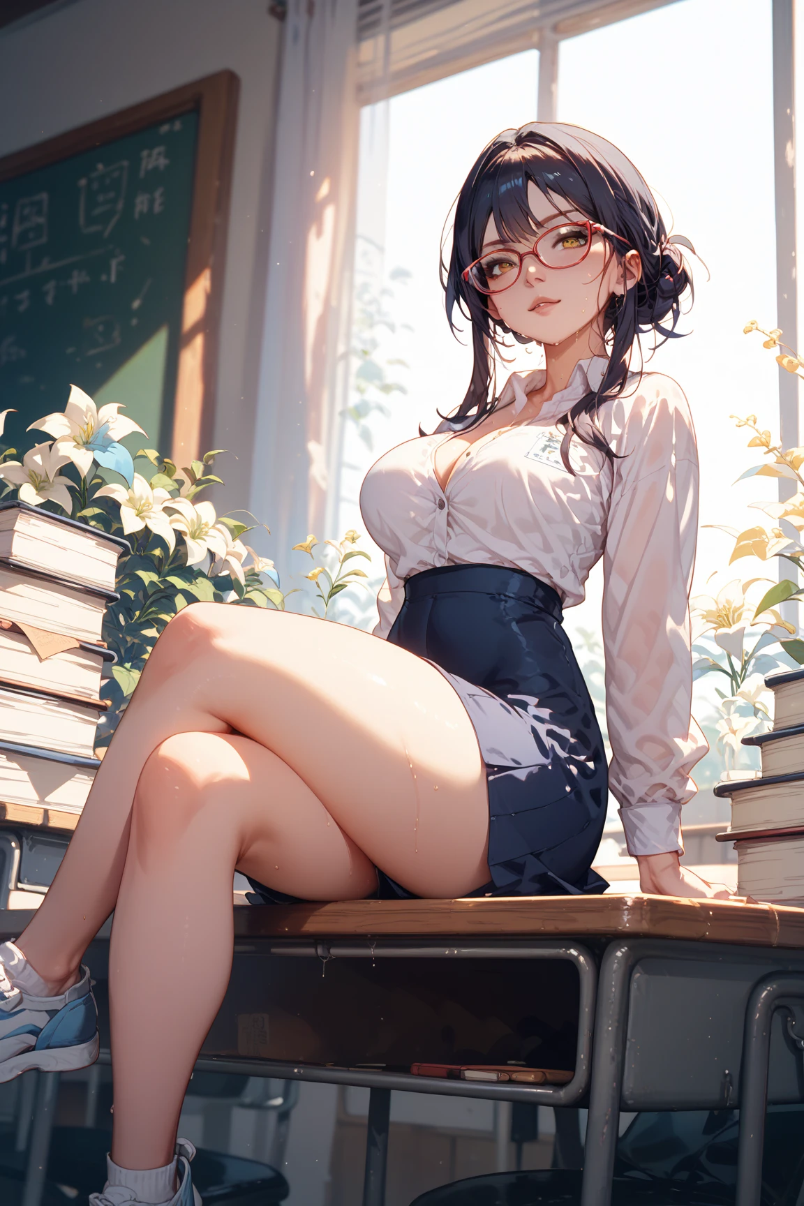 (Ultra-high resolution of the highest quality, masutepiece, Best Quality, 8K, Super Detail, Best Quality:1.3), (Anatomically correct:1.2), (1 elementary school female teacher:1.6), (large breasts:1.1), (drooping eyes:1.3), (blush cheek, blush body:1.3), (wavy hair, braid hair:1.2), (long hair:1.2), (black hair:1.2), (glasses:1.3), (white blouse, pencil skirt:1.7), (class room:1.1), front view, Extremely cute, (extremely detailed beautiful face), Authentic skin texture, beautiful hair, beautiful face, beautiful eyes, beautiful body, beautiful hands, (clothed:1.6), (aroused, naughty face, seductive smile:1.6), (hair over eyes:1.5), (looking down:1.3), (open mouth:1.2), (face focus:1.6), cleavage breasts focus, (legs focus:1.2), (from below:1.3), (Sit with legs crossed:1.6), (slouching forward:1.3), (sole of foot:1.7)