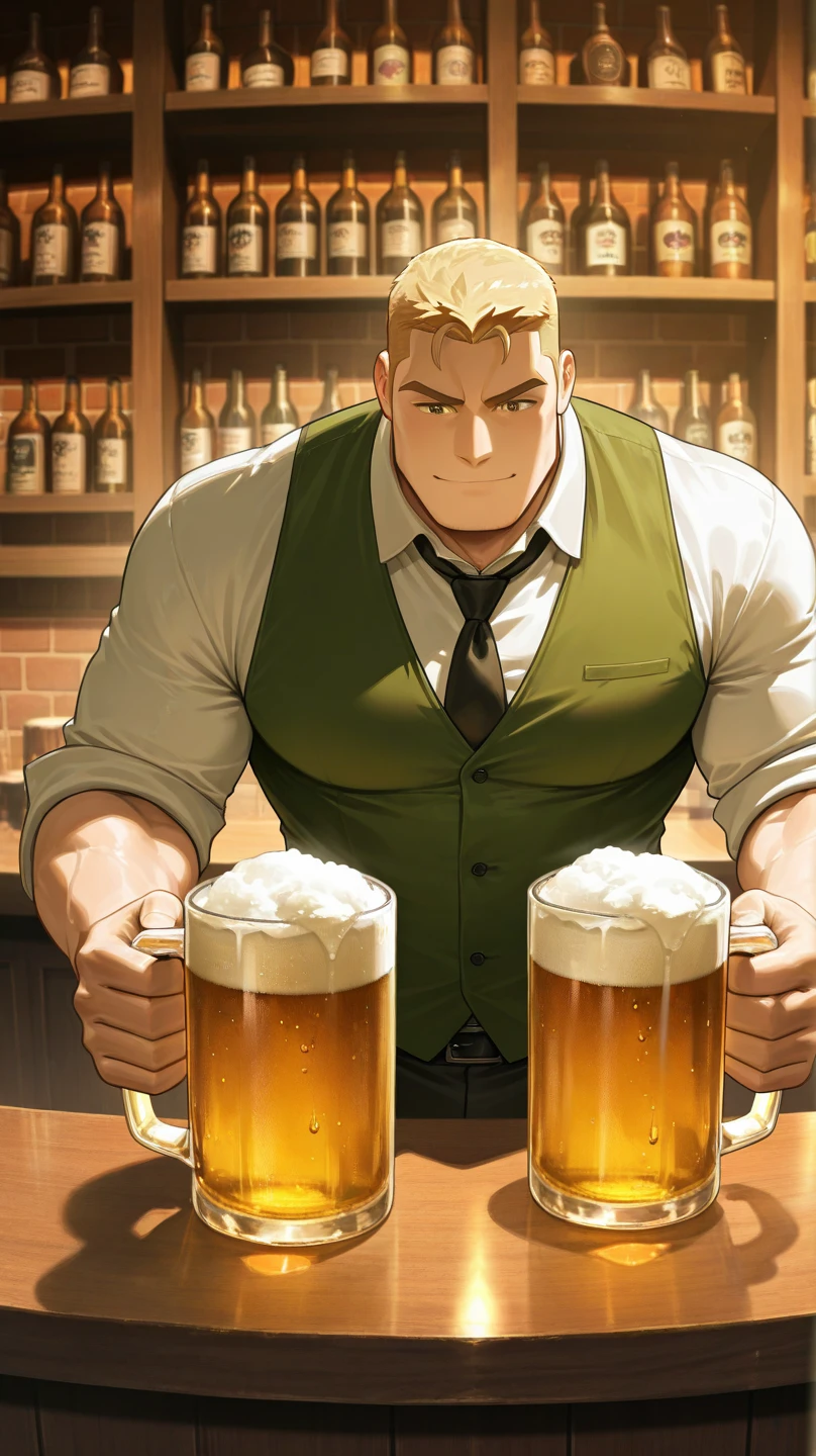 Highest quality、masterpiece、(muscular male:1.2)、(father:0.5)、Blonde、Shoulder strap and collar attached、kneeling、open mouth、Perfect Erection、Happy face、(sweat:1.3)、(steam:1.1)、Serve food at a pub