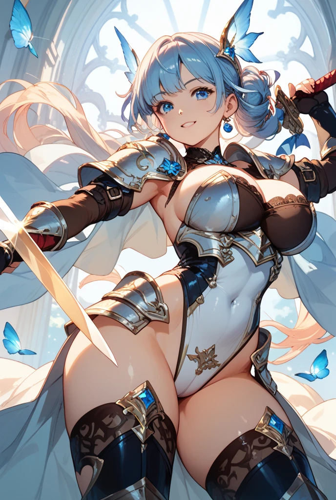 full body,masterpiece, high details, high quality, best quality, anatomically correct, masterpiece, textured skin, super detail,ultra-detailed, best quality, extremely detailed, 8k, high res, realistic, 1girl, 16yo, beautiful girl, (half closed eyes),(narrowed eyes:1.2),(open mouth), (blush:1.2),BREAK,(armor,navel exposed:1.8),blue beautiful eyes, (blue medium bob hair,asymmetrical parted bangs:1.6),BREAK,(voluptuous bust:1.5),(Gaunt , thin waist:1.3),(white background:1.5),
