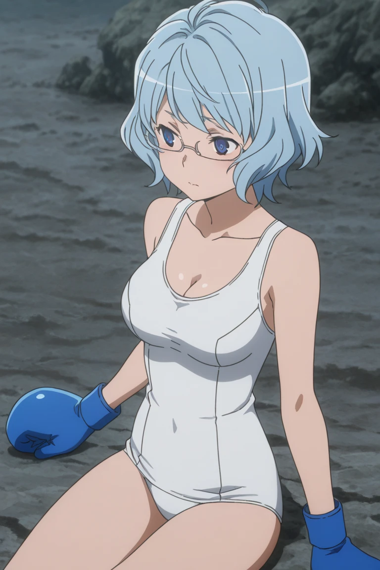 high resolution , amazing quality , high resolution , amazing quality , best quality , {anime} , good lighting , detailed eyes , {very aesthetic} , {detailed} , anime screencap , anime coloring ,4k, , Asufi Al Andromeda , 1girl , breasts , cleavage , collarbone , swimsuit , glasses , one-piece_swimsuit , school_swimsuit  , beach , blue boxing gloves ,DanMachi