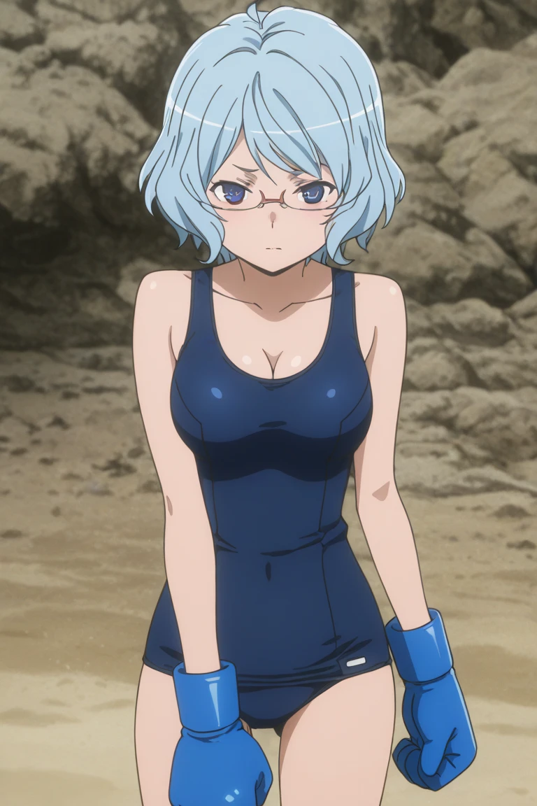 high resolution , amazing quality , high resolution , amazing quality , best quality , {anime} , good lighting , detailed eyes , {very aesthetic} , {detailed} , anime screencap , anime coloring ,4k, , Asufi Al Andromeda , 1girl , breasts , cleavage , collarbone , swimsuit , glasses , one-piece_swimsuit , school_swimsuit  , beach , blue boxing gloves ,DanMachi