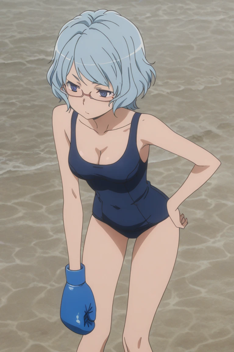 high resolution , amazing quality , high resolution , amazing quality , best quality , {anime} , good lighting , detailed eyes , {very aesthetic} , {detailed} , anime screencap , anime coloring ,4k, , Asufi Al Andromeda , 1girl , breasts , cleavage , collarbone , swimsuit , glasses , one-piece_swimsuit , school_swimsuit  , beach , blue boxing gloves ,DanMachi