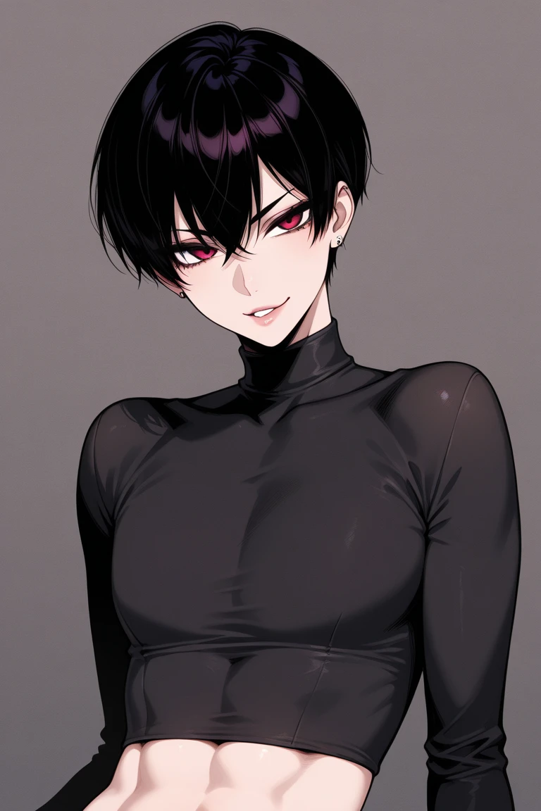 1boy, fluffy short black hair, wolf ears, wolf tail, slim figure, pale skin, RED eyes, dead expression, living room setting