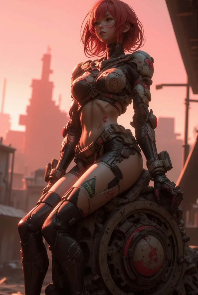 1girl, rebecca \(cyberpunk\), full body, solo, blonde braid hair, glowing red eyes,laugh fearlessly, leg tattoo, neck tattoo, large chest, black bra, thong, red pupils, skin fang, red eyes, black jacket,