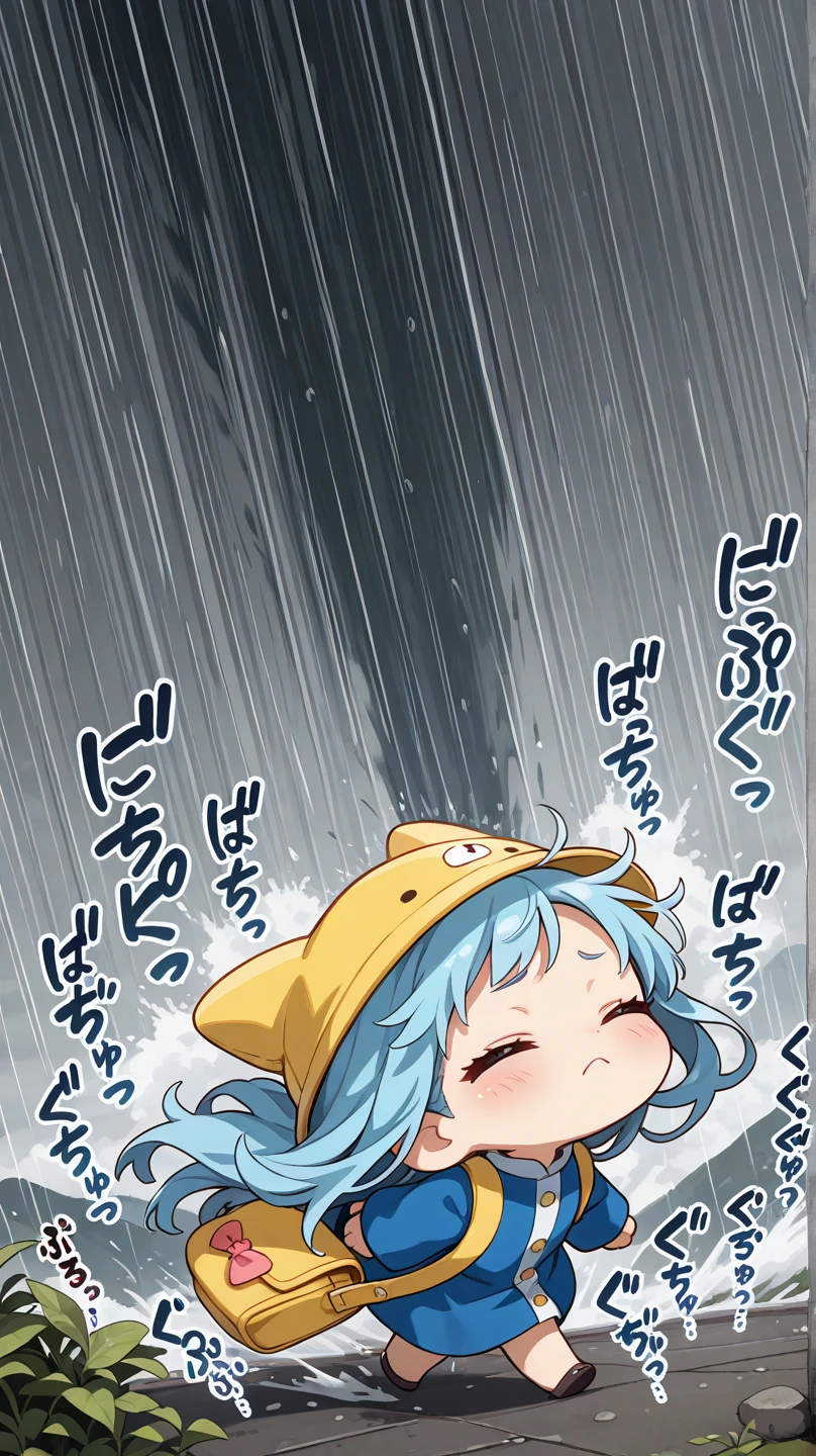 masterpiece, best quality, amazing quality, very aesthetic, absurdres, cute, kawaii, cute round face, slender, detailed eyes, detailed hair,
cute chibi girl, deformed, frown, walking, bent over, closed eye, arm front, blue smock, yellow hat, yellow bag, (wind blow:1.2), typhoon,   (((lots of japanese sound effects))), 
