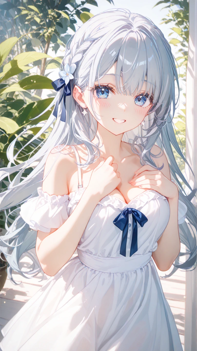 beautiful girl, Gray Hair, blue eyes, Sexy light blue wedding dress, Big Breasts、blue hair ornament、Facing forward