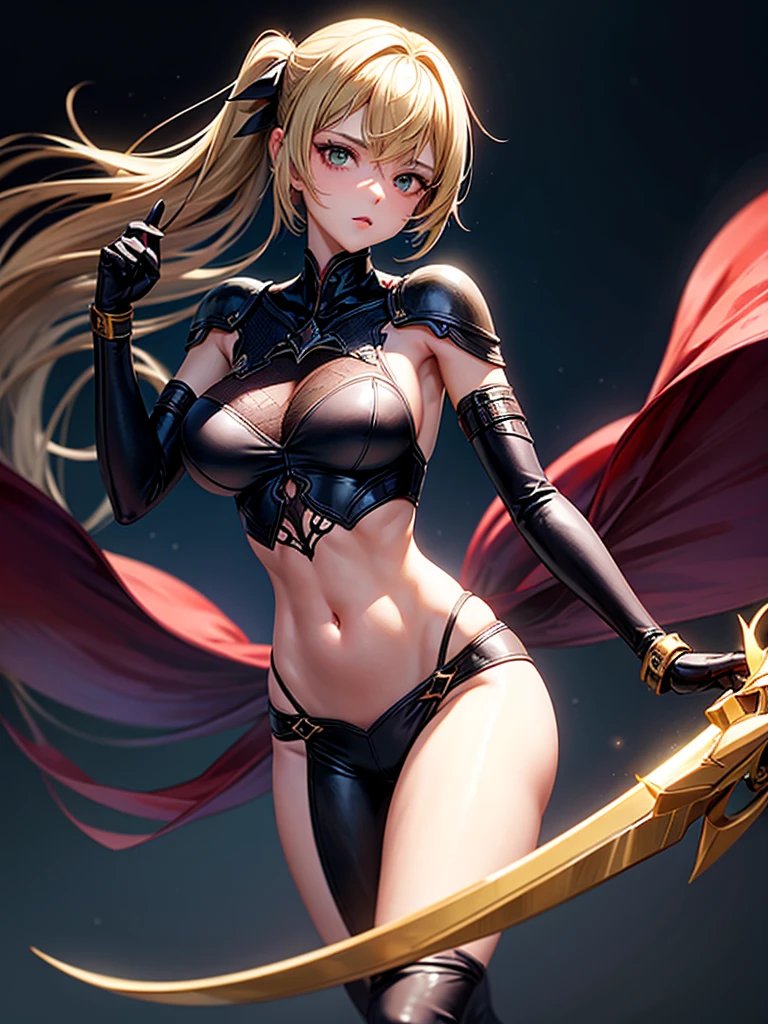 Blonde、Black Cape、Big red crotch tattoo、Black metallic string bikini、(Huge breasts:1.5)、garter belt、Camel toe、Thick thighs、Wide Hips、curve、Golden Gauntlet、Gold Long Boots、NSFW