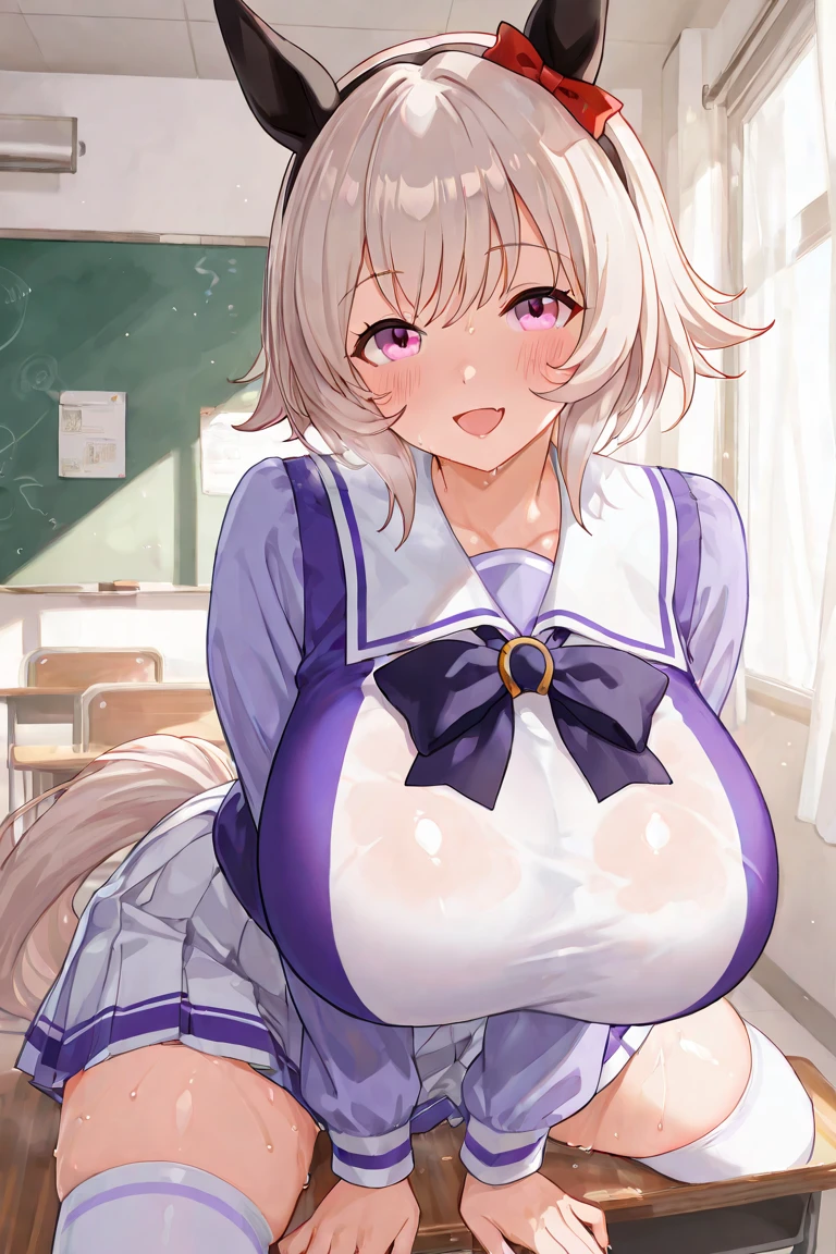 Highest quality,masterpiece, Highest Resolution, 1 girl,nsfw, full naked, kneeling, indoor, classroom, (huge breasts:1.5), lift up my breasts,pink nipple, smile, close up, horse ears, horse tail