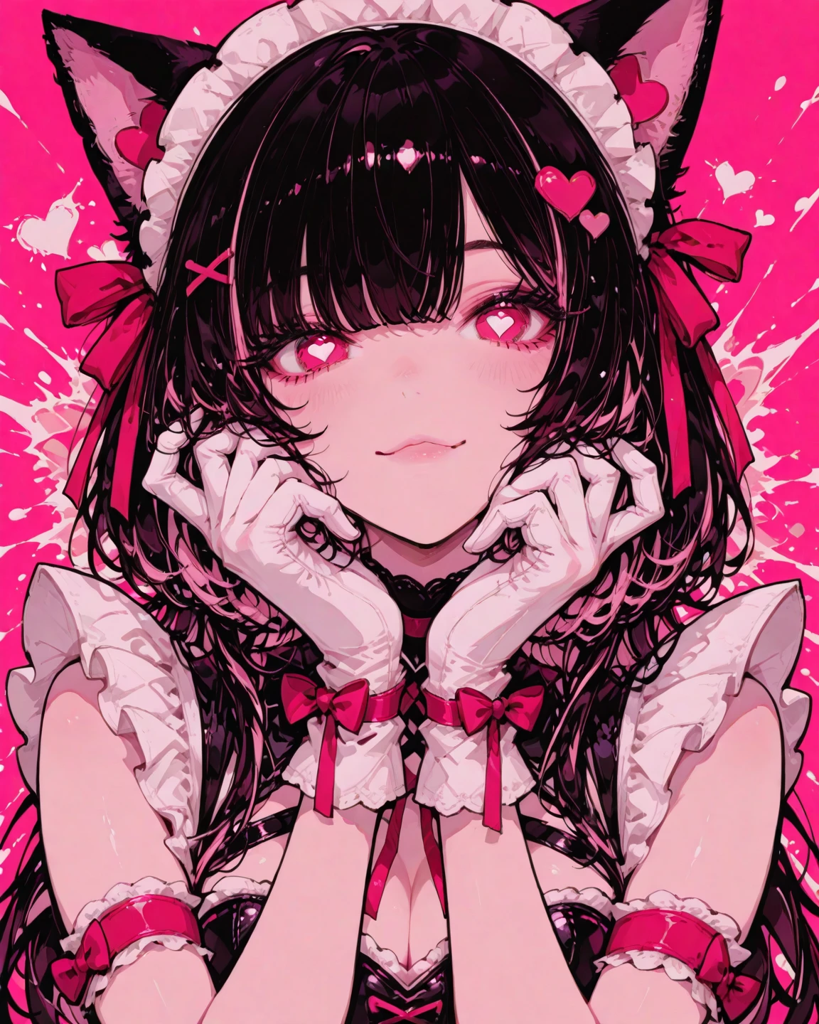 (draculaura_mh:1.0), (realistic:1.2), vampire, (black hair, hot pink highlights in hair, pink skin, pink eyes, bangs, pigtails, vampire ears, twintails), (white skirt, pink top, pink corset, black sleeves:1.2), pantyhose, pink and black background (masterpiece:1.2), (full-body-shot:1.2),(Cowboy-shot:1.2), neon lighting, dark romantic lighting, (highly detailed:1.2),(detailed face:1.2), (gradients), colorful, detailed eyes, (detailed landscape:1.2), (natural lighting:1.2),(detailed background), detailed landscape, (cute pose:1.2), solo, close up, <lora:Draculaura_v3-10:0.65> <lora:add_detail:0.15> <lora:hipoly3DModelLora_v10:0.05> <lora:RSERomantic_RSESofiko_RSEEmma-v1:0.1> <lora:BeautifulEyes:0.65> <lyco:coloredSkin-08:0.3>