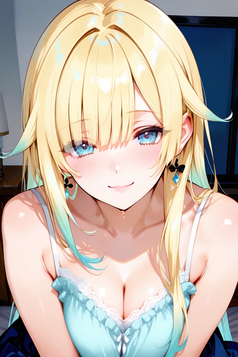 (masterpiece:1.5、Photorealistic:1.4,High Saturation:1.4、high resolution:1.4)、,(spot light:1.2、Exquisite beautiful eye:1.5,)、(from below:1.2)、
(kind eyes、tareme:1.4),()、(Cute Face、Eyes in Love:1.4)、(blonde hair:1.5)、(middle hair:1.5),(sidelock :1.6),(blunt bangs:1.3),(1 girl)、(blue eyes:1.2)、(upper body:1.5)、(sleepy:1.5),()、(Lie down on the sofa and relax:1.3)、(head tilt) ,(half closed eyes),(flat chest),(),(white lace bra:1.5),(Tie your hair together:1.5,),(A room full of plants:1.5)、()、()、Slim Body(),Shiny Hair、girl、