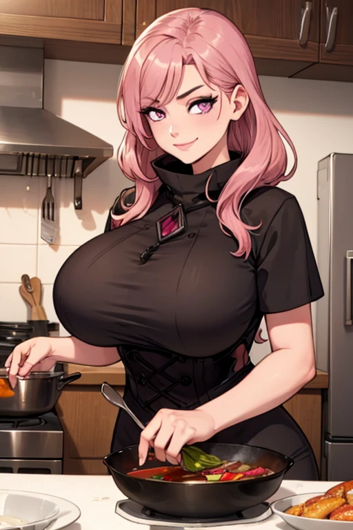 Perfect face. Perfect hands. A pink haired woman with violet eyes with an hourglass figure in a Gothic apron and crop top and shorts is eating a slice of pie in a Gothic kitchen with a big smile
