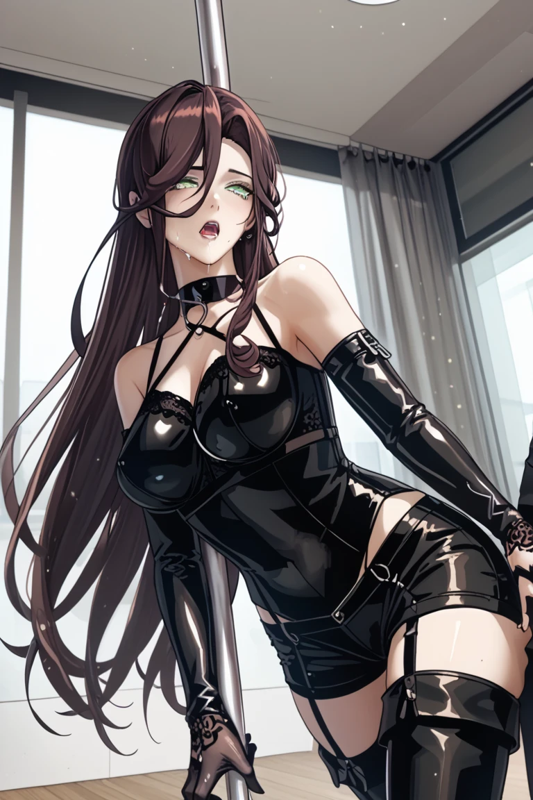 1 girl, bare shoulders, black hair, medium breasts, (muscular legs), bare legs, muscular belly, wide hips, thin waist, (((clock eyes))), (wearing a very short and sexy bikini), ( ((in the motel room))), full body, hairband, (sitting on chair with legs crossed), heterochromia, black high heel shoes, lolita hairband, long hair, red eyes, mischievous smile, look cunning, alone, symbol-shaped pupils, (Kurumi tokisaki), (twintails), yellow eyes,
