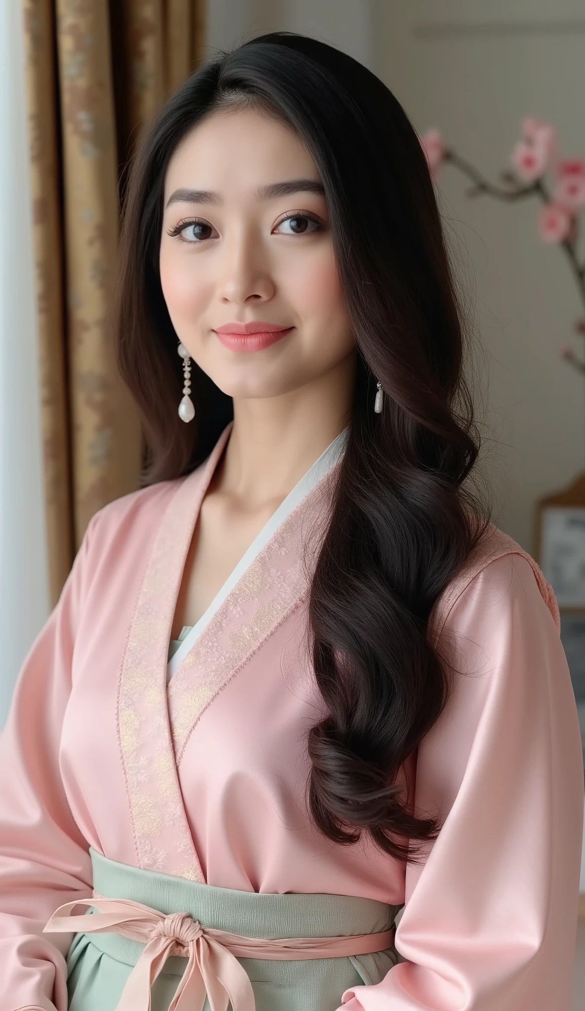 A beautiful Indian girl, 20 years old, fair skin, long black hair, big almond-shaped brown eyes, slim figure with medium-sized breasts, heart-shaped face, soft natural makeup, natural body proportions, ultra realistic, high detail, photorealistic, full body, consistent face, same character,full body,wearing a Korean hanbok with soft pink and mint tones, serene background