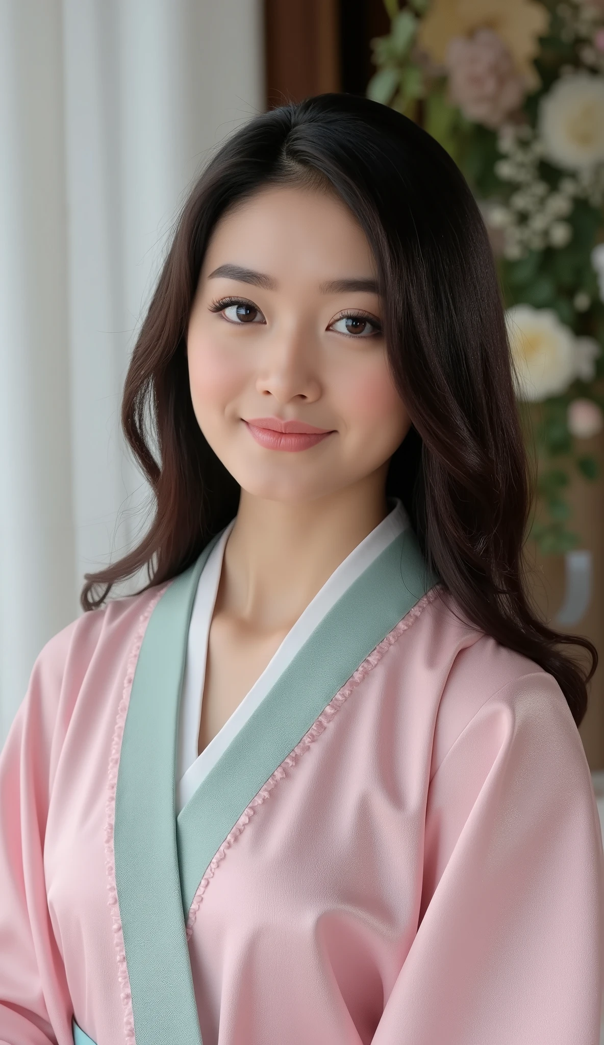 A beautiful Indian girl, 20 years old, fair skin, long black hair, big almond-shaped brown eyes, slim figure with medium-sized breasts, heart-shaped face, soft natural makeup, natural body proportions, ultra realistic, high detail, photorealistic, full body, consistent face, same character,full body,wearing a Korean hanbok with soft pink and mint tones, serene background