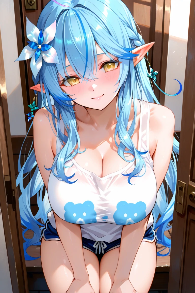 ，Facing the viewing angle，Absurd resolution、hight resolution、(​masterpiece:1.4)、ultra-detailliert、((One girl 1.2))、kawaii、sullenness，(light blue  hair), (drill hair), (straight hair), (hair over one eye), (ribbon head), (pointy ears, elves), (heterochromia eyes), (huge-breasted:1.6),(thighs thighs thighs thighs:1.2),beautiful expression、beautidful eyes、(the body gets wet:1.1)、(all-fours:1.3),((look from down:1.9))(wet skin and hair:1.2),(Sweaty body:1.2)、(blush:1.22)、(Heart-shaped eyes:1.37)、(Heart shaped pupils:1.27),(Heart shaped pupils:1.09),(heart on eyes:1.35)、(droolng:1.2)、(White liquid on the thighs:1.15),(white, white turbid liquid on the body,,,,,,,,,,,,,,,,,,,,,,,,,,,,,,,,,,,,,,,,,,,,,,,,,,,,,,,,,,,,,,,,,,,,,,,,,,,,,,,,,,,,,,,,,,,:1.2)、(Crying expression:1.5), ((Girl straddling guys:1.82)),((SEX:1.6)),(Barefoot:1.1),(girl with:Putting hands on a man's body),(Motion Blur:1.68),(penis:into pussy)