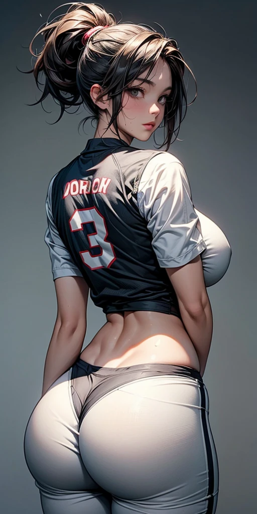 "Create an image of a beautiful American woman in her 20s or 30s. She has long, flowing hair and is wearing a american-football uniform. hot pants and bikini. The jacket is open at the chest.Her body is glamorous with large breasts and a big butt. She has a smiling.The whole body is shown.