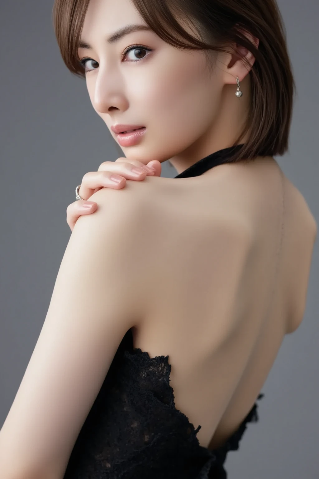 1 girl,whole body,light gray long dress,(highest quality:1.4),(shiny skin),red lips,((short hair、all back、exposed forehead、black hair), looking at the viewer,small breastss,,thin、small breasts.Front facing