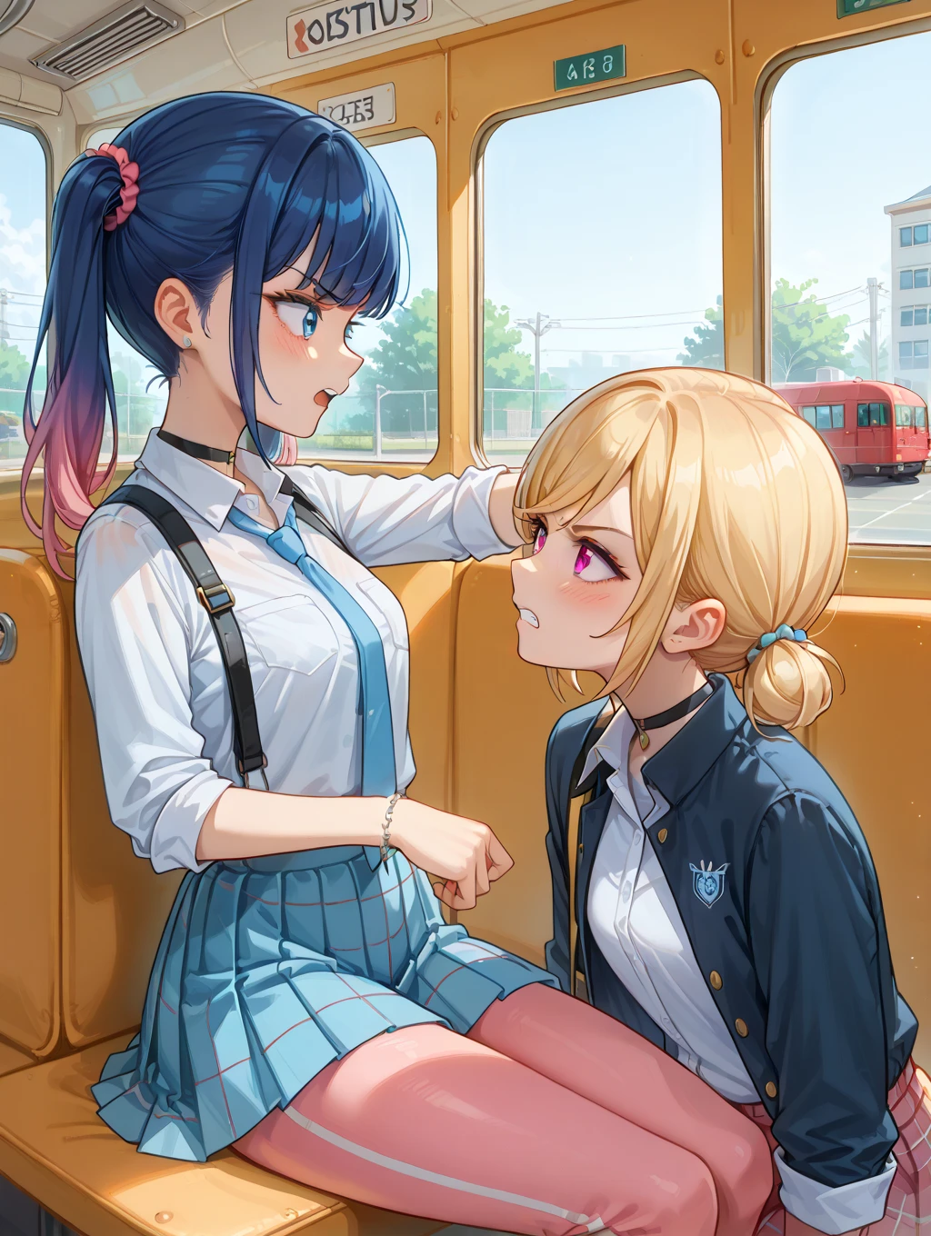 olga pataki, kneeling, side view, blonde, white shirt, black vest, long sleeves, midriff, green plaid skirt skirt, brown boots, earrings, blowjob, short hair, inside a train, white thighhighs
