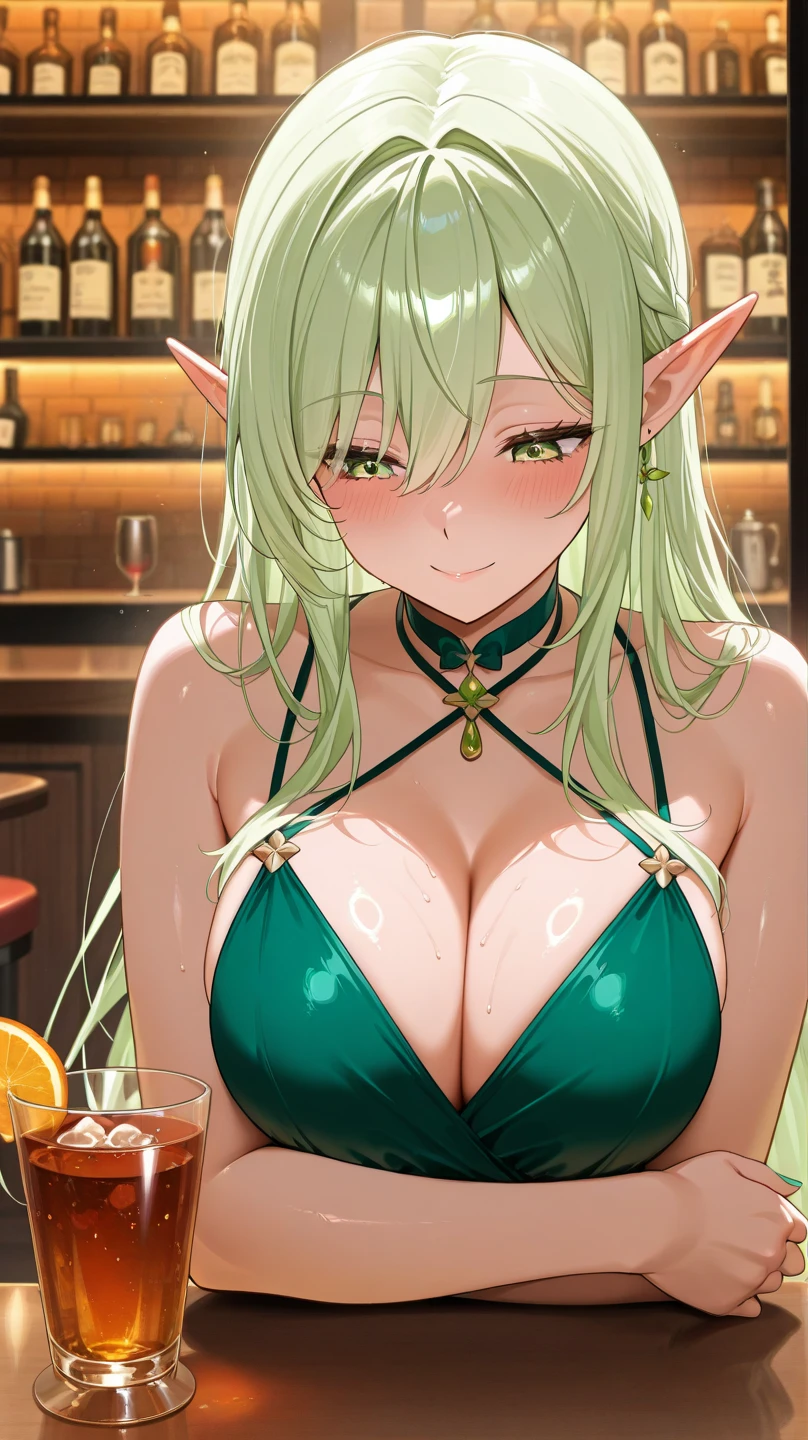 Green_coat,jpn, toyko,Dim lighting,Cool light
,cleavage,
Green_Hair,Long_Hair,Hair_Pulled_back,parted_Lips,
Green_Eyes,The blue mask used as a bra,The legs are wearing black stockings,Absolute realm,Erlang legs,
1个Giant Breast Girl,24 years of age,a mature female,Beautiful Finger,Beautiful long legeaturiful body,Beautiful nose,Beautiful character design,perfect eyes,s the perfect face,Take the plate,Champagne on a plate,blackstockings,
looki at viewer,in the center of Image,
NSFW,offcial art,Extremely detailed CG unifies 8K, 8K, Diamond, and wallpaper,Perfect lighting,Extremely colorful,Bright_Front_face_lighting,
(tmasterpiece:1.0),(Best_quality:1.0), 超A high resolution,4K,Hyper-detailing,
photography of, 8K, hdr, A high resolution, hoang lap:1.2, Kodak Portra 400, filmgrain, The background blurred out, Bokeh:1.2, Lens glare, (vibrant_Color:1.2)
(big breasts beautiful,Large_Breasts:1.4), (Beautiful_face:1.5),(Narrow_waistup),