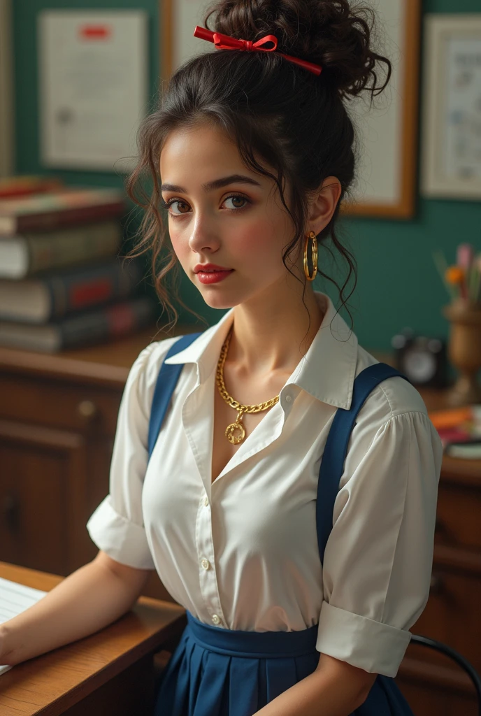19yo in school school photo in school masterpiece, (photorealistic:1.7), best quality, beautiful lighting, Eleanor Ukraine Woman 20yo Old Big Breasts Plus Size Model lipstick Bun lHair Bun Hair Hair, Draped Collar Chain Detail Crisscross Backless Ruched Cami Dress.