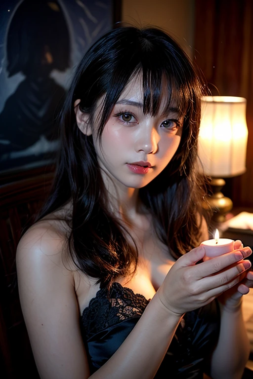 (32k:1.5, Highest quality, masterpiece, Ultra-high resolution), Professional camera work:1.6, Highly detailed skin and face textures:1.3, Captivating portrait:1.2, Very accurate, Very detailed, 2 adult females:1.0, ((Amazing night view from the rooftop:1.4, The moonlight at night illuminates my body)), (Satin Nightgown:0.7), Incredibly slim body, Sensual sitting position, sense of loss, sorrow, Expression of sorrow, (Big eyes that exude beautiful eroticism:0.4, Small face, A dreamy look:1.0, I love you with all my heart:0.8, Please open your mouth a little, lipstick, Feel the beautiful eroticism:0.9), (Wet brown medium length hair), Candles, The breasts is medium, Earrings, necklace, bracelet, (romantic, mysterious), Alabaster skin, elegant, Object of admiration, original, dramatic, Artistic, Innovative, charm, Heartful, Fancy, sense of openness, sense of cleanliness, special, exciting, Extreme, Tilt, ((Adult charm, Feminine charm, Hair blowing in the wind),(erotic photography)