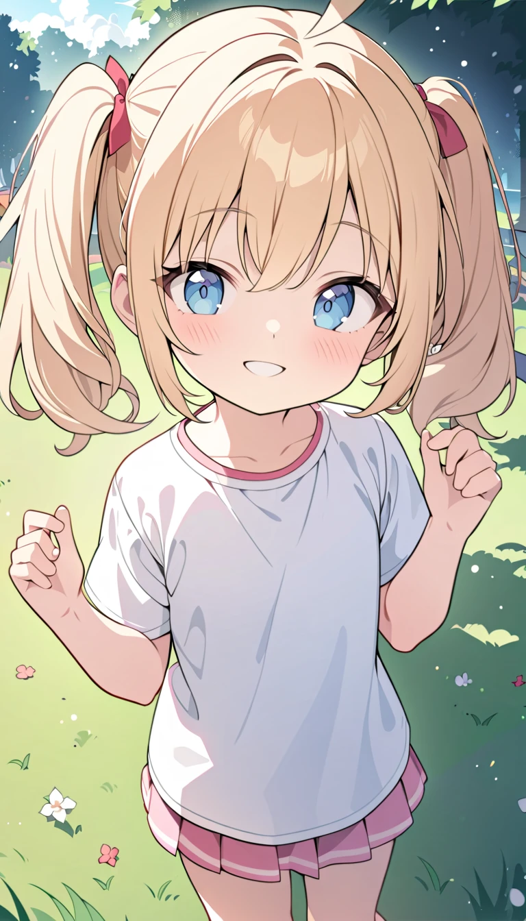 Beautiful illustration, best quality, cute girl, ((In a park)), pastel color, natural tones, ((Dark ponytail)), ((Grey t-shirt)), ((Skull on shirt)), ((Standing)), ((Looking at viewer)), ((Slim body)), ((Black hotpants)), ((Cameltoe)), ((Embarrased)), ((Open mouth)), (Blush), bright lighting, ((Big eyes)), ((V-sign)), ((Perfect hands))