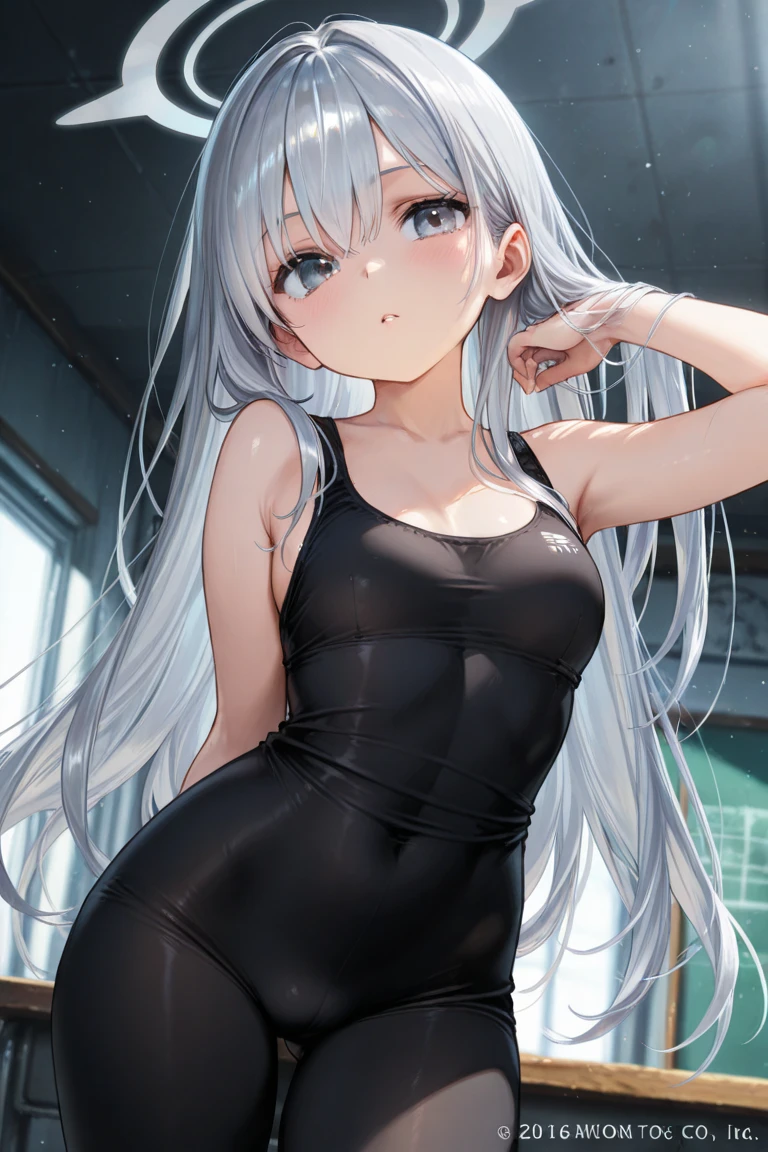 High quality、highest quality、complete limbs、Ultra high definition、Shining eyes、Full hands and fingers、slender beauty、wearing a white school swimsuit、white skin