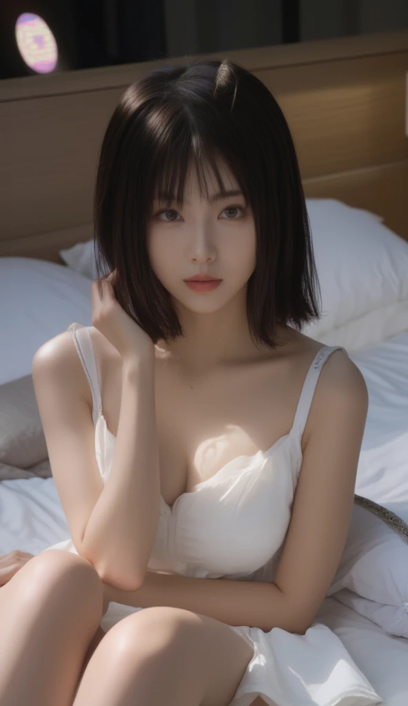 (8K, highest quality, masterpiece:1.2), (software:1.3), (realistic, photo-realistic:1.37), Super detailed, Fubuki, Close up portrait of woman sitting on bed,short black hair,green eyes,Breast size is about G cup,perfect style,dignified and beautiful woman,fubuki, Wearing a white T-shirt without a bra,