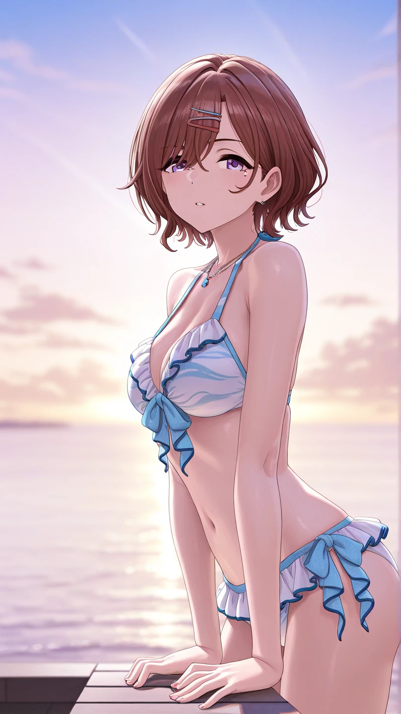 score_9, score_8_up, score_7_up, petra ral, 1girl, solo, short hair, brown hair, brown eyes, pink bra, black panties ,beach,whole body,stand
