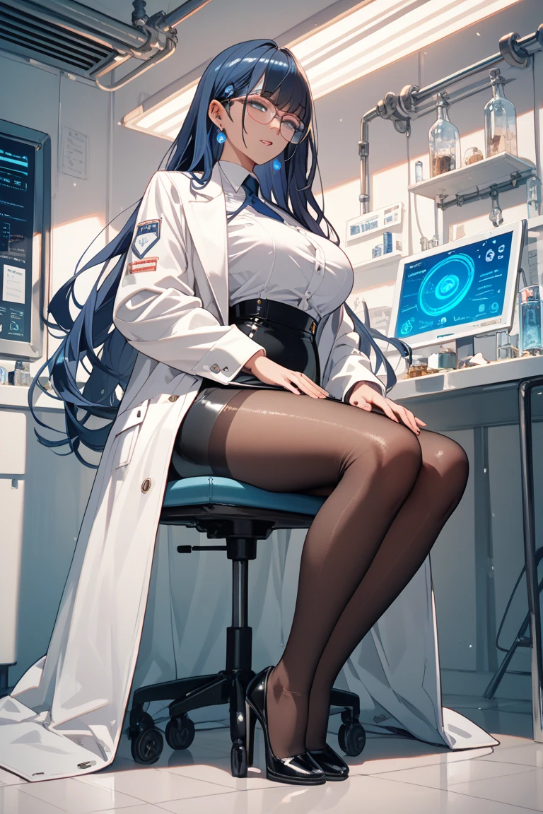 masterpiece, best quality, high quality, exquisite, medium hair, ponytail, blunt bangs, shiny hair, wavy hair, ((light blue hair,)) blue eyes, jitome, tareme, droopy eyes, pale skin, shiny skin, tiny, , small breasts, sailor uniform, ((lab coat,)) (black pantyhose,) glasses, blush, 10-year-old, ((((torn clothes,))))
