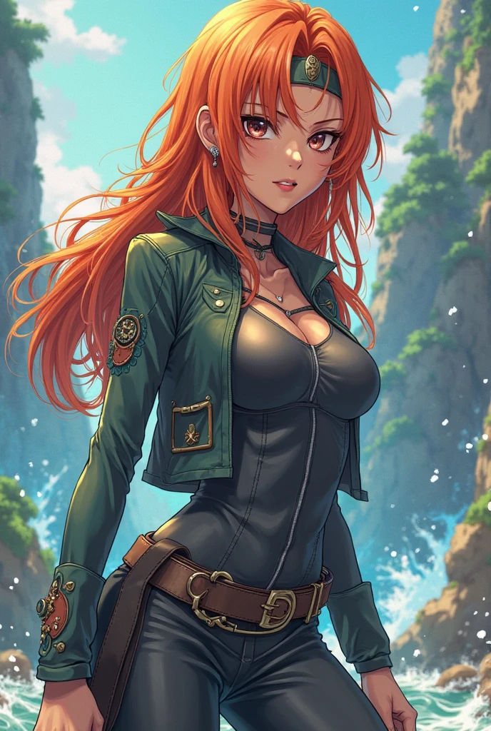 Woman punk long red hair green eyes big breast dark forest