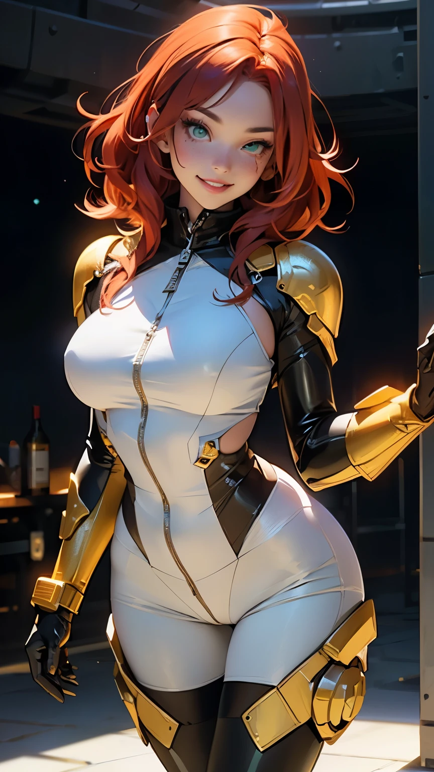 gwen tennyson,tracer,lisa minci,jill valentine,genshin impact,overwatch, 1girl,close up,mecha pilot,halloween forest,purple and white plugsuit,hair pin,pirate corset,steel long sleeve lycra top,steel leggings,short hair,cute makeup,green eyes,red and golden hair,shy smile,freckles,redhead,beautiful girl,large breasts,ultra detailed,realistic, fantasy art,witch dress,witch hat,witch cloak,magic wand,halloween pumpkin,