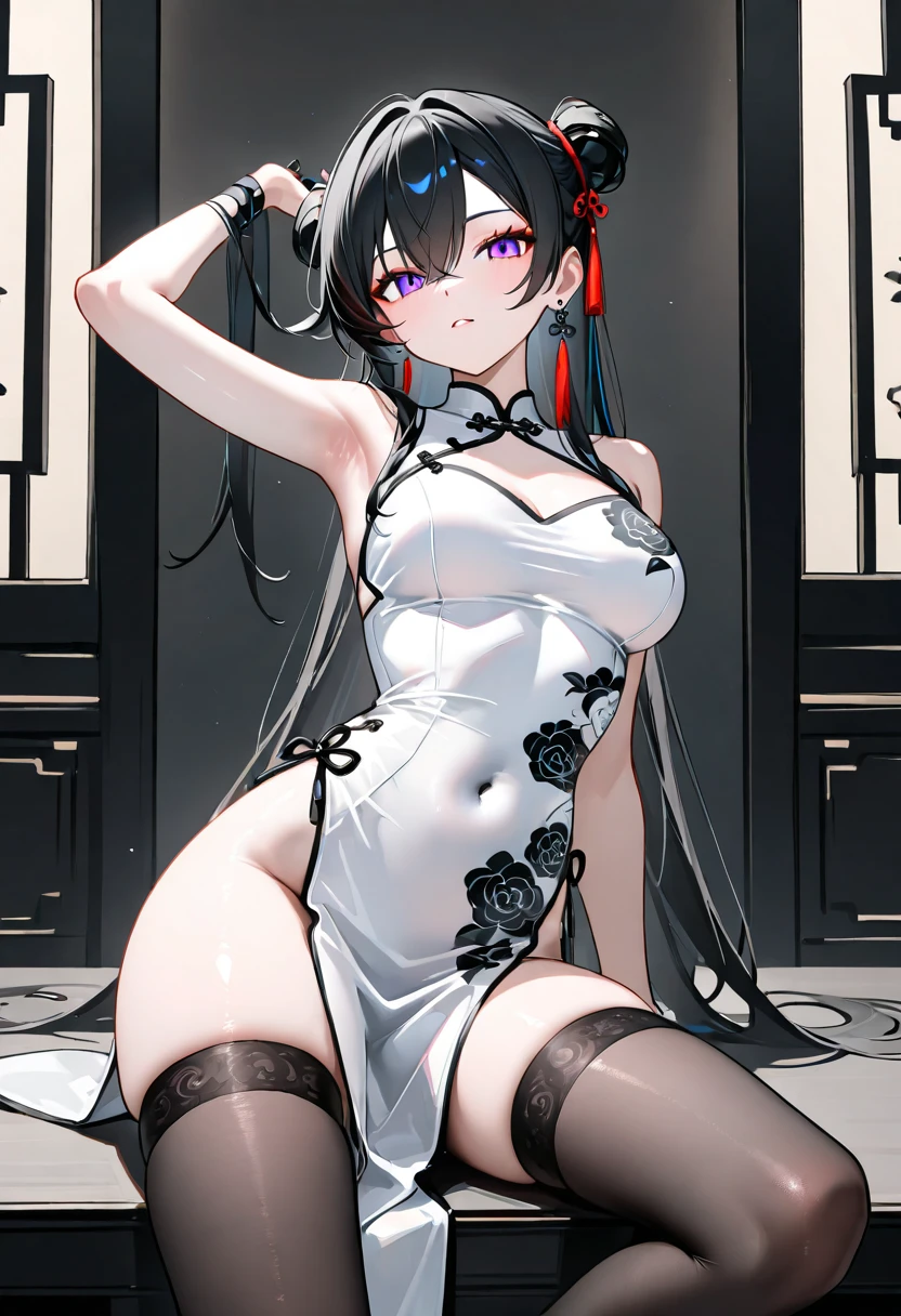 <lora:takao_SD1.5_v1.0:0.7>,takao_\(azur_lane\),ponytail, black_hair,long hair, hair flower, chinese clothes, white legwear,garter_belt,bridal_gauntlets,indoors, smile,, masterpiece, best quality, high contrast,